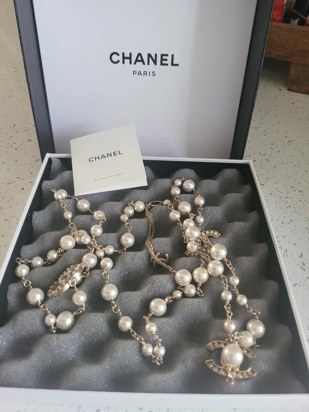 Authentic Chanel Pearl Beaded Long Necklace with Gold-Tone Accents - Picture 6 of 7